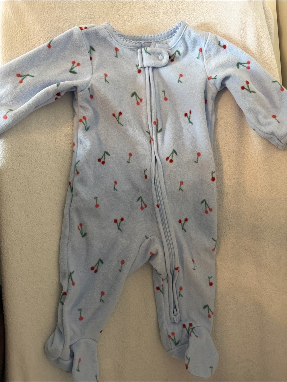 Light Blue fleece Cherry-Print Footed One-Piece Pajamas